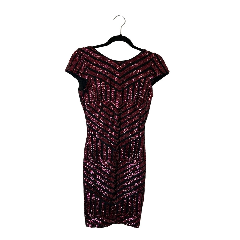 Dress the Population Sequin Geometric Chevron Cap Sleeve Mini Dress Burgundy S